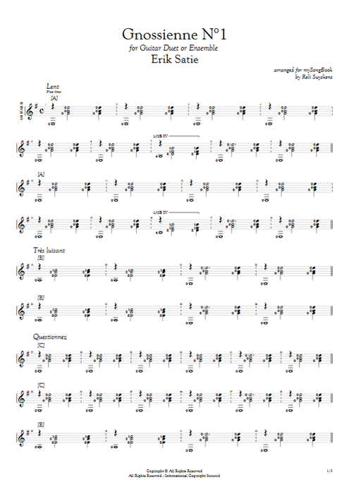Gnossienne N°1 Erik Satie guitar pro tab AGuitarII Guitar Duet mysongbook